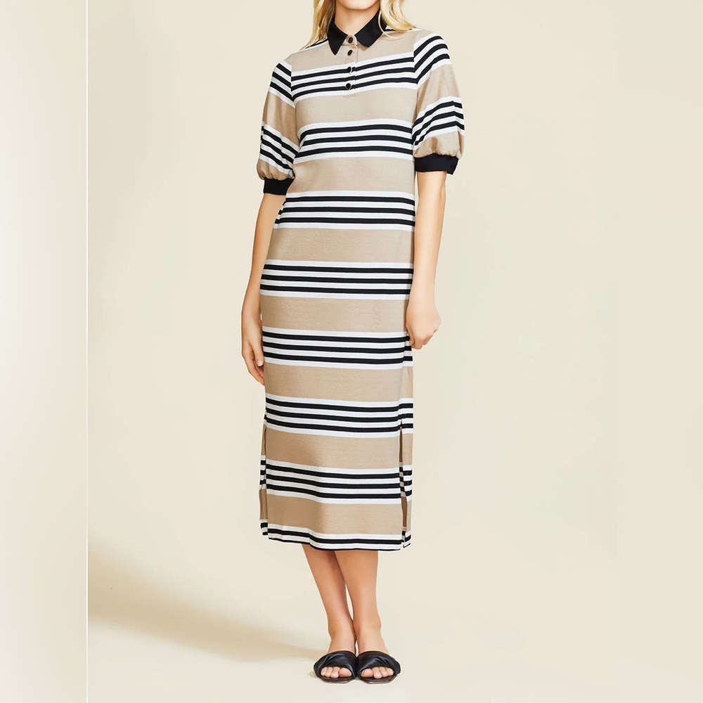 Pearl by Lela Rose Striped Jersey Knit Button Collar Midi Shirt Dress